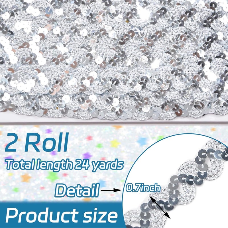 TACOLO 2 Rolls Sequin Ribbon Trim, 24 Yards Silver PVC Flat Sequin Strip for Sewing, Craft, Sports Events, Costume, Embellishments - Image 2
